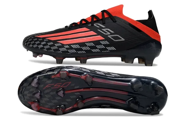 Adidas Negro Rojo Bajo Corte Upper Sintético Moldados FG Studs Césped Firme Zapatos de Fútbol 6