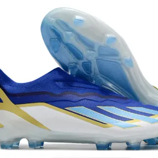 Adidas أزرق ذهبي حذاء كرة القدم منخفض القطع أعلى ملائم للجوارب نمط موجي قفص TPU أرضية صلبة