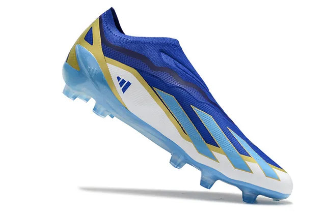 Adidas Bleu Or Chaussures de Football Basse Fit Chaussette Upper Motif Ondulé TPU Cage Sol Ferme 2