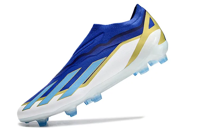 Adidas Bleu Or Chaussures de Football Basse Fit Chaussette Upper Motif Ondulé TPU Cage Sol Ferme 3