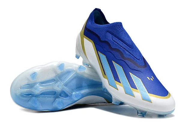 Adidas Bleu Or Chaussures de Football Basse Fit Chaussette Upper Motif Ondulé TPU Cage Sol Ferme 4
