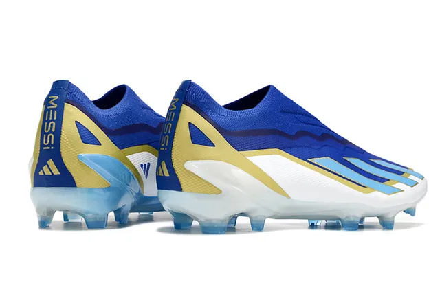 Adidas Bleu Or Chaussures de Football Basse Fit Chaussette Upper Motif Ondulé TPU Cage Sol Ferme 5