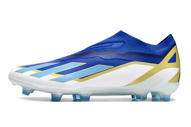Adidas Bleu Or Chaussures de Football Basse Fit Chaussette Upper Motif Ondulé TPU Cage Sol Ferme 7