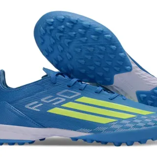 Adidas Tênis de futebol turf sintéticos azul e amarelo com upper texturizado e acanalado de baixo corte
