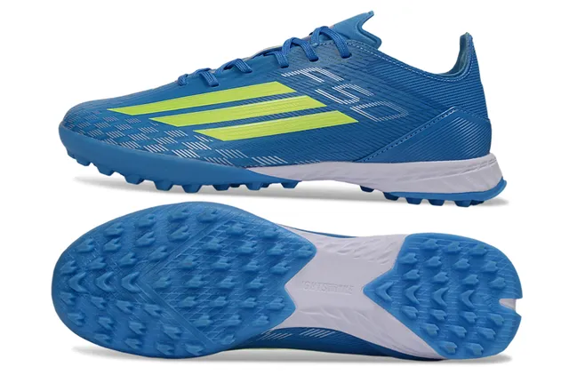 Adidas Tênis de futebol turf sintéticos azul e amarelo com upper texturizado e acanalado de baixo corte 6