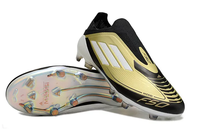 Adidas F50 Messi Preto Dourado Branco Sapatos de futebol para solo firme 4
