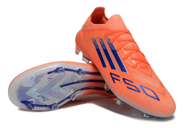 Adidas F50 नारंगी नीली लो-कट सिंथेटिक अपर थ्री-स्ट्राइप साइड ब्रांडिंग फर्म-ग्राउंड फुटबॉल जूते 4