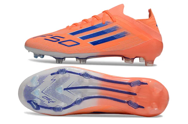 Adidas F50 नारंगी नीली लो-कट सिंथेटिक अपर थ्री-स्ट्राइप साइड ब्रांडिंग फर्म-ग्राउंड फुटबॉल जूते 6