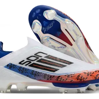 Adidas F50 Blanc Bleu Chaussures de Football avec Upper de Ajuste à Chaussette Translúcide TPU Cage Sol Ferme