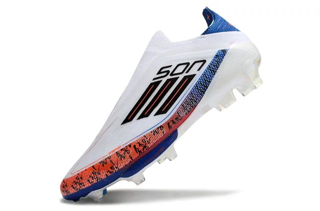 Adidas F50 सफेद नीला सॉक-फिट अपर पारदर्शी TPU केज फर्म-ग्राउंड फुटबॉल जूते 3