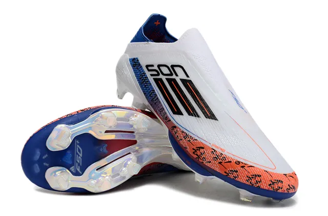 Adidas F50 सफेद नीला सॉक-फिट अपर पारदर्शी TPU केज फर्म-ग्राउंड फुटबॉल जूते 4