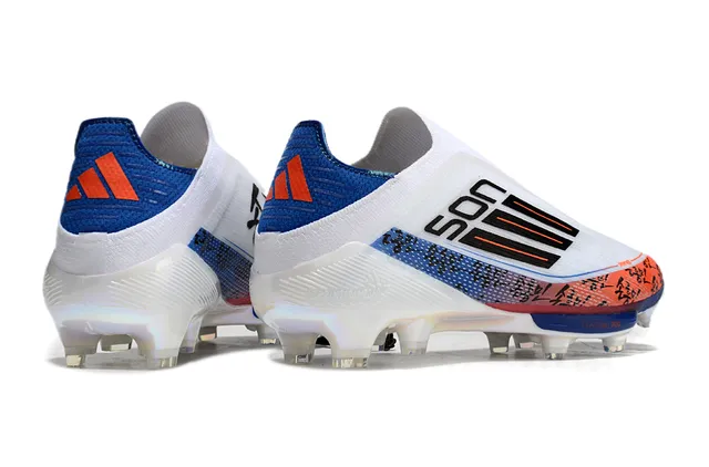 Adidas F50 सफेद नीला सॉक-फिट अपर पारदर्शी TPU केज फर्म-ग्राउंड फुटबॉल जूते 5