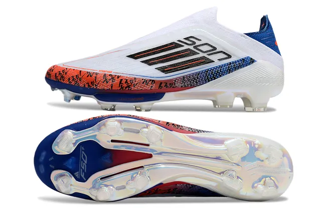 Adidas F50 सफेद नीला सॉक-फिट अपर पारदर्शी TPU केज फर्म-ग्राउंड फुटबॉल जूते 6