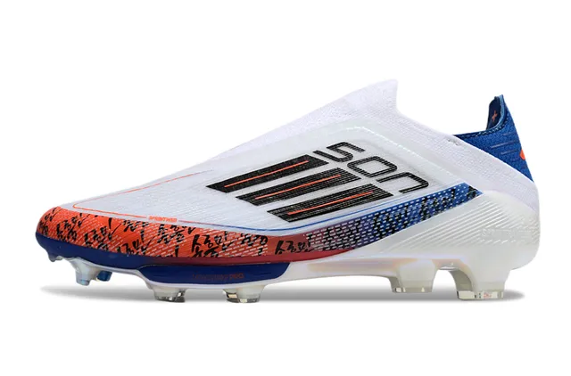 Adidas F50 सफेद नीला सॉक-फिट अपर पारदर्शी TPU केज फर्म-ग्राउंड फुटबॉल जूते 7