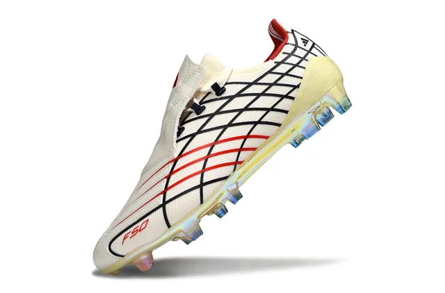 Adidas F50 Blanco Rojo Parte superior con patrón de cuadrícula Suela iridiscente translúcida Suela para terreno firme Zapatos de fútbol 12