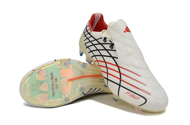 Adidas F50 Blanco Rojo Parte superior con patrón de cuadrícula Suela iridiscente translúcida Suela para terreno firme Zapatos de fútbol 13
