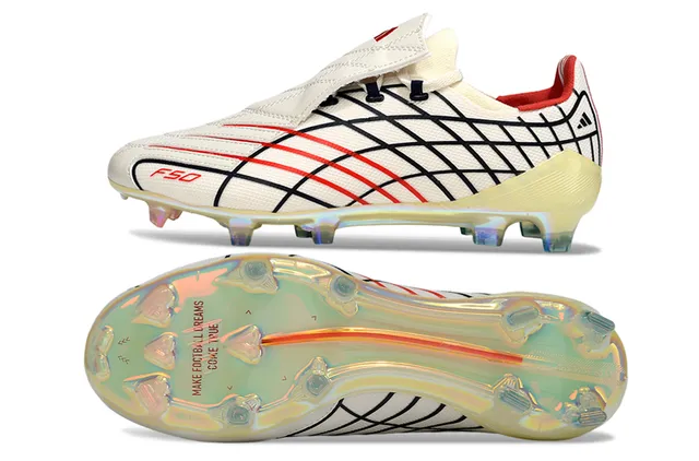 Adidas F50 Blanco Rojo Parte superior con patrón de cuadrícula Suela iridiscente translúcida Suela para terreno firme Zapatos de fútbol 15