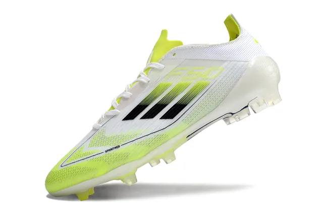 Adidas F50 Blanc Jaune Coupé bas Haut en mesh synthétique Rayures dégradées Sol ferme Chaussures de football 3