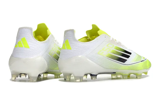 Adidas F50 Blanc Jaune Coupé bas Haut en mesh synthétique Rayures dégradées Sol ferme Chaussures de football 4