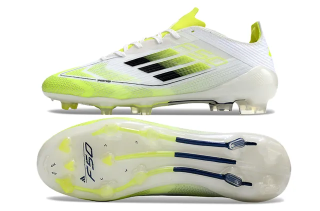 Adidas F50 Blanc Jaune Coupé bas Haut en mesh synthétique Rayures dégradées Sol ferme Chaussures de football 5