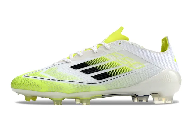 Adidas F50 Blanc Jaune Coupé bas Haut en mesh synthétique Rayures dégradées Sol ferme Chaussures de football 6