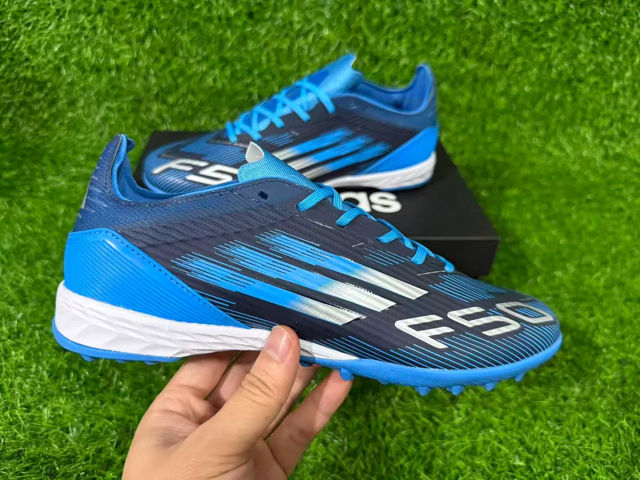 Adidas Azul Marino Bajo Superior Sintético Gráficos Dinámicos Línea de Velocidad Césped Artificial Zapatos de Fútbol 2