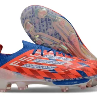 Adidas Zapatos de Fútbol Naranja y Azul Bajo Corte Tejido de Punto Patrón Geométrico Césped Firme