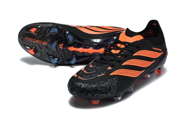 Adidas Predator Chaussures de football noires oranges de coupe basse botte supérieure avec overlay de cage TPU sol ferme 6