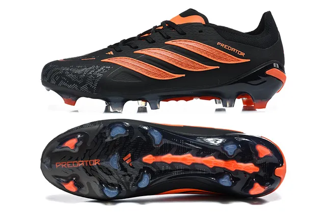 Adidas Predator Chaussures de football noires oranges de coupe basse botte supérieure avec overlay de cage TPU sol ferme 9