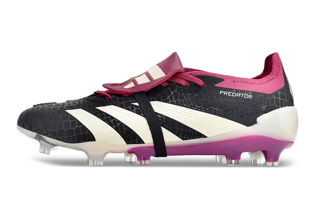 Adidas Predator Negro Rosa Sin Cordones Cierre de Correa Parte Superior con Patrón de Cocodrilo Texturizado Para Suelo Firme Zapatos de Fútbol 7