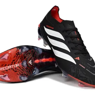 Adidas Predator أسود أحمر منخفض القطع رباط أعلى مصنوع من الألياف الاصطناعية النصية أرضية صلبة أحذية كرة القدم