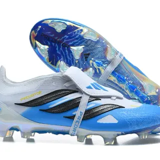 Adidas Predator White Blue Laceless Strap Closure Iridescent Holographic Soleplate Firm-Ground Soccer Shoes