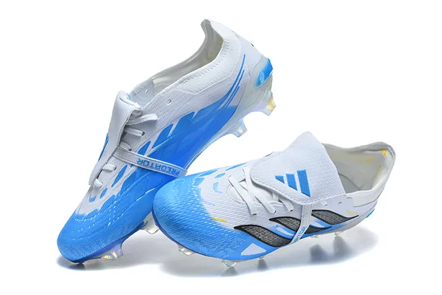 Adidas Predator White Blue Laceless Strap Closure Iridescent Holographic Soleplate Firm-Ground Soccer Shoes 2