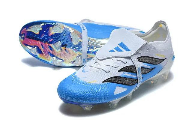 Adidas Predator White Blue Laceless Strap Closure Iridescent Holographic Soleplate Firm-Ground Soccer Shoes 6