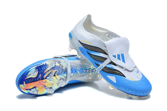 Adidas Predator White Blue Laceless Strap Closure Iridescent Holographic Soleplate Firm-Ground Soccer Shoes 7
