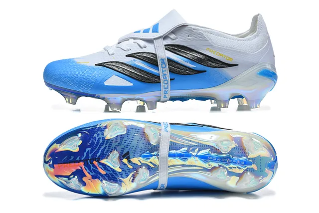 Adidas Predator White Blue Laceless Strap Closure Iridescent Holographic Soleplate Firm-Ground Soccer Shoes 9