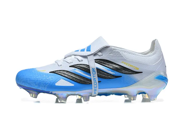Adidas Predator White Blue Laceless Strap Closure Iridescent Holographic Soleplate Firm-Ground Soccer Shoes 10