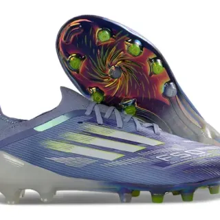 Adidas Zapatos de fútbol con upper holográfico iridiscente púrpura verde superposición de tres rayas firm-ground