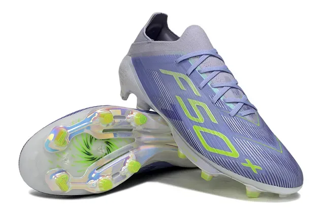 Adidas Chaussures de football violet et jaune à coupe basse avec empeigne synthétique semelle translucide irisée pour terrain ferme 4