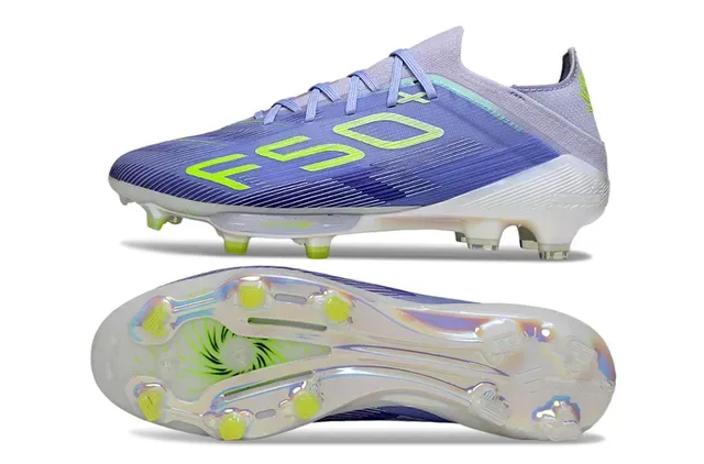 Adidas Chaussures de football violet et jaune à coupe basse avec empeigne synthétique semelle translucide irisée pour terrain ferme 6