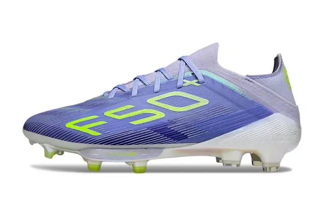 Adidas Chaussures de football violet et jaune à coupe basse avec empeigne synthétique semelle translucide irisée pour terrain ferme 7