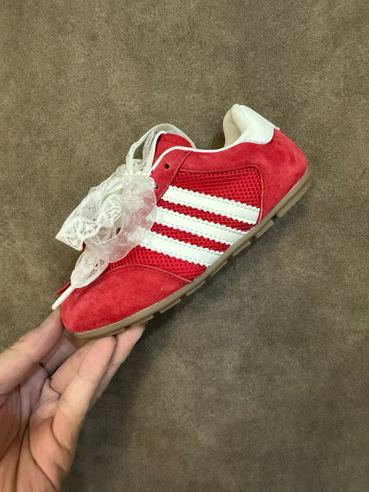 Adidas Red White Suede And Mesh Upper Three-Stripe Side Panel Lifestyle Sneakers 3