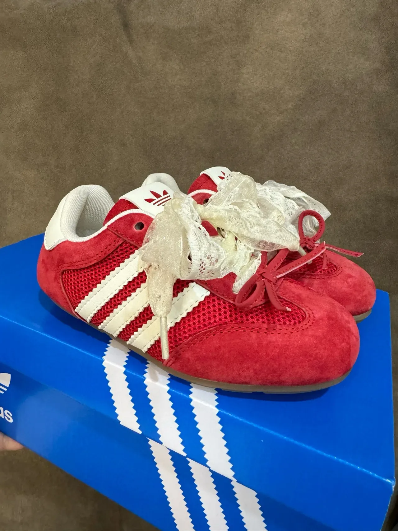 Adidas Red White Suede And Mesh Upper Three-Stripe Side Panel Lifestyle Sneakers 4