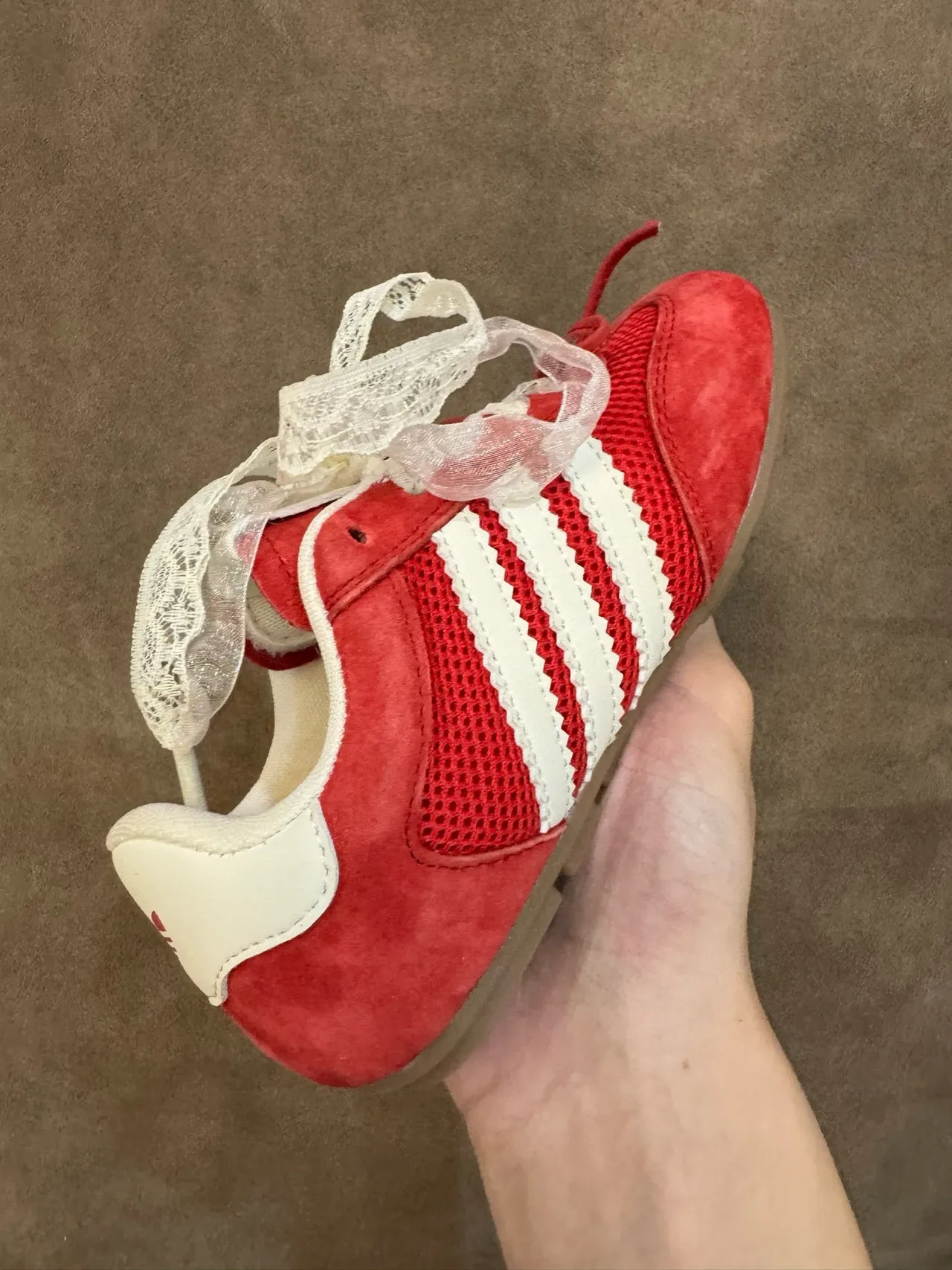 Adidas Red White Suede And Mesh Upper Three-Stripe Side Panel Lifestyle Sneakers 14