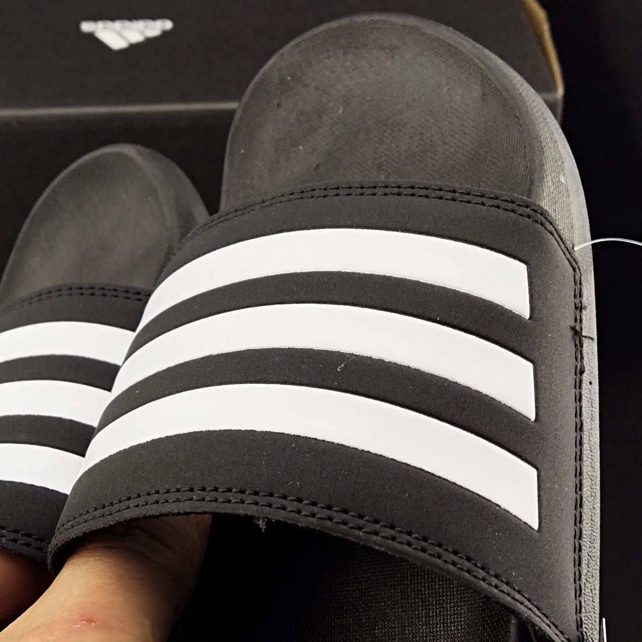 Adidas Slide Black White Molded EVA Sole Three-Stripe Strap Slippers 6