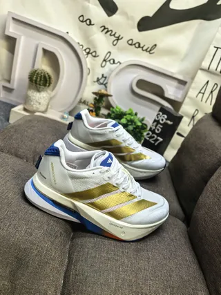 Adidas White Gold Mesh Upper Metallic Stripes Running Shoes 9