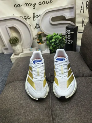 Adidas White Gold Mesh Upper Metallic Stripes Running Shoes 10