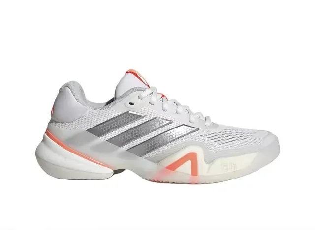Adidas सफेद नारंगी सांस लेने योग्य मेश अपर मेटैलिक तीन पट्टी ओवरले स्नीकर्स 6
