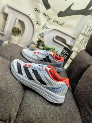 Adidas White Orange Lightweight Racing Flat Breathable Mesh Upper Running Shoes 7