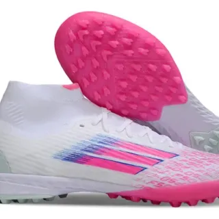 Adidas Chuteiras de futebol para gramado branco e rosa alto com colarinho de meia ajustável e gráficos de listras degradadas